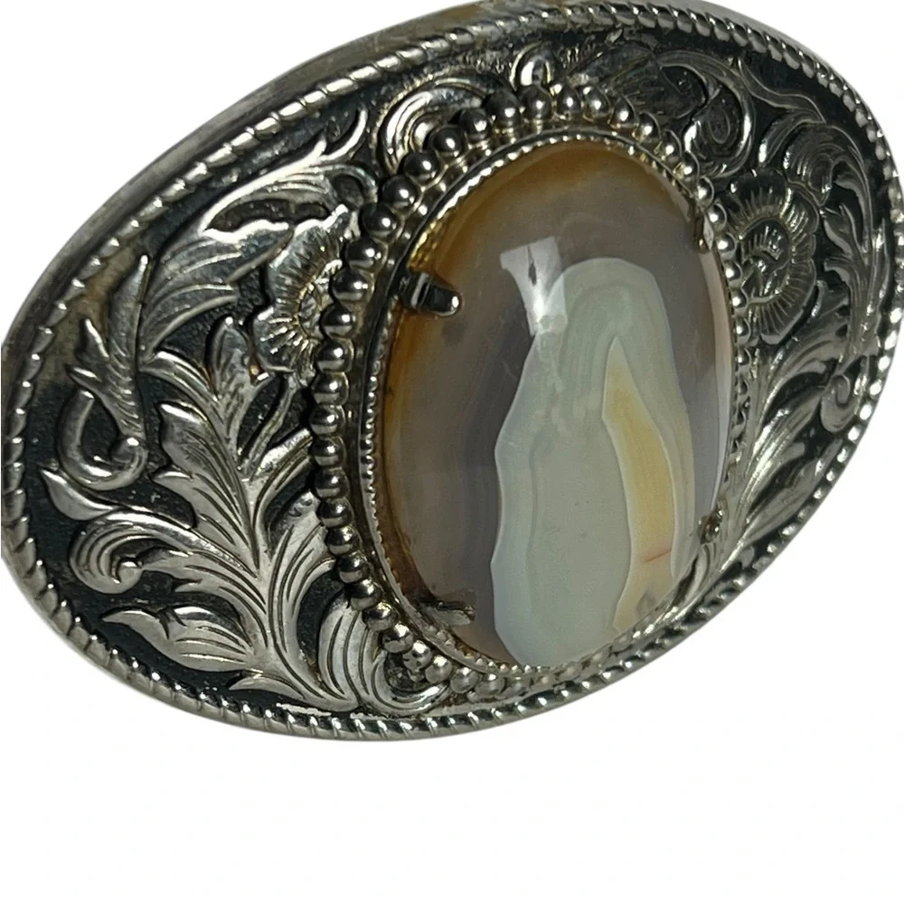 Unisex Silver-tone Western Style Oval Belt Buckle Agate Stone Cabochon